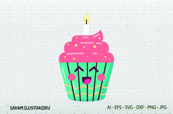 A Cute Cupcake and Candle Kawaii SVG Graphics Asset